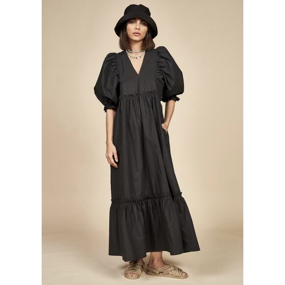 Hunter Bell Tuckernuck NY Palmer Puff Sleeve Midi Dress Black Size L 100% Cotton - Picture 2 of 6
